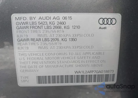 2016 Audi Q5 2.0T Premium from USA, damaged, VIN WA1L2AFP7GA018673